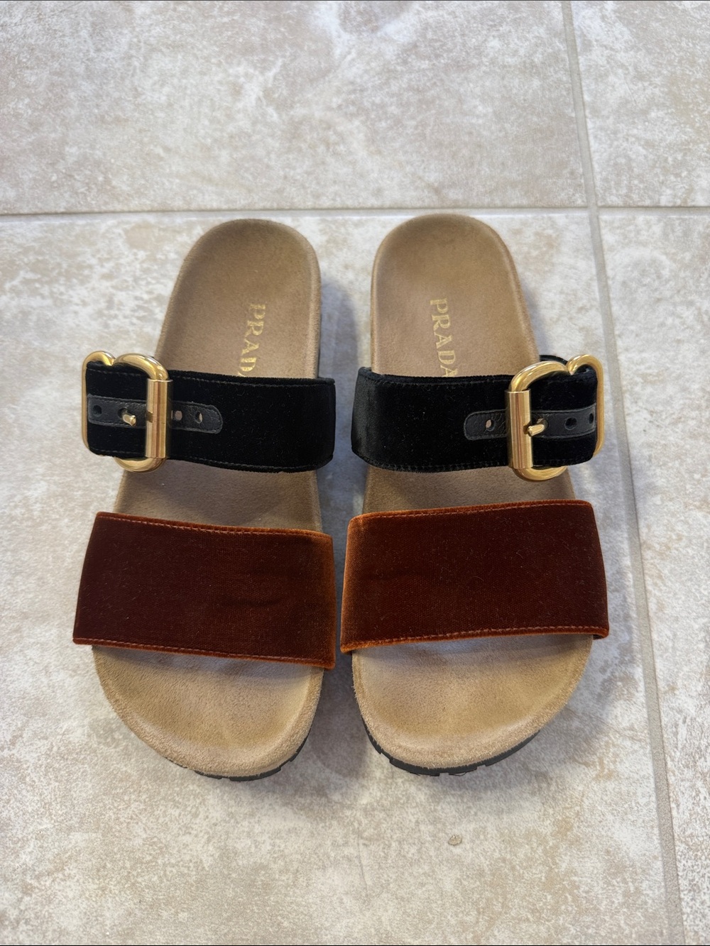 Prada Black and Brown Velvet Slide Sandals with Gold Buckles